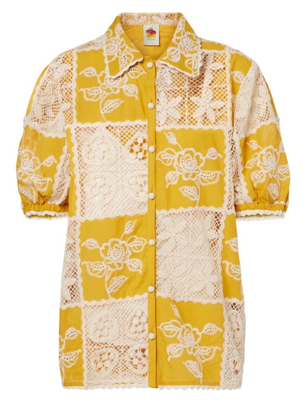 FARM Rio Yellow Embroidered Crochet Lace Short Sleeve Shirt Size Medium NWT